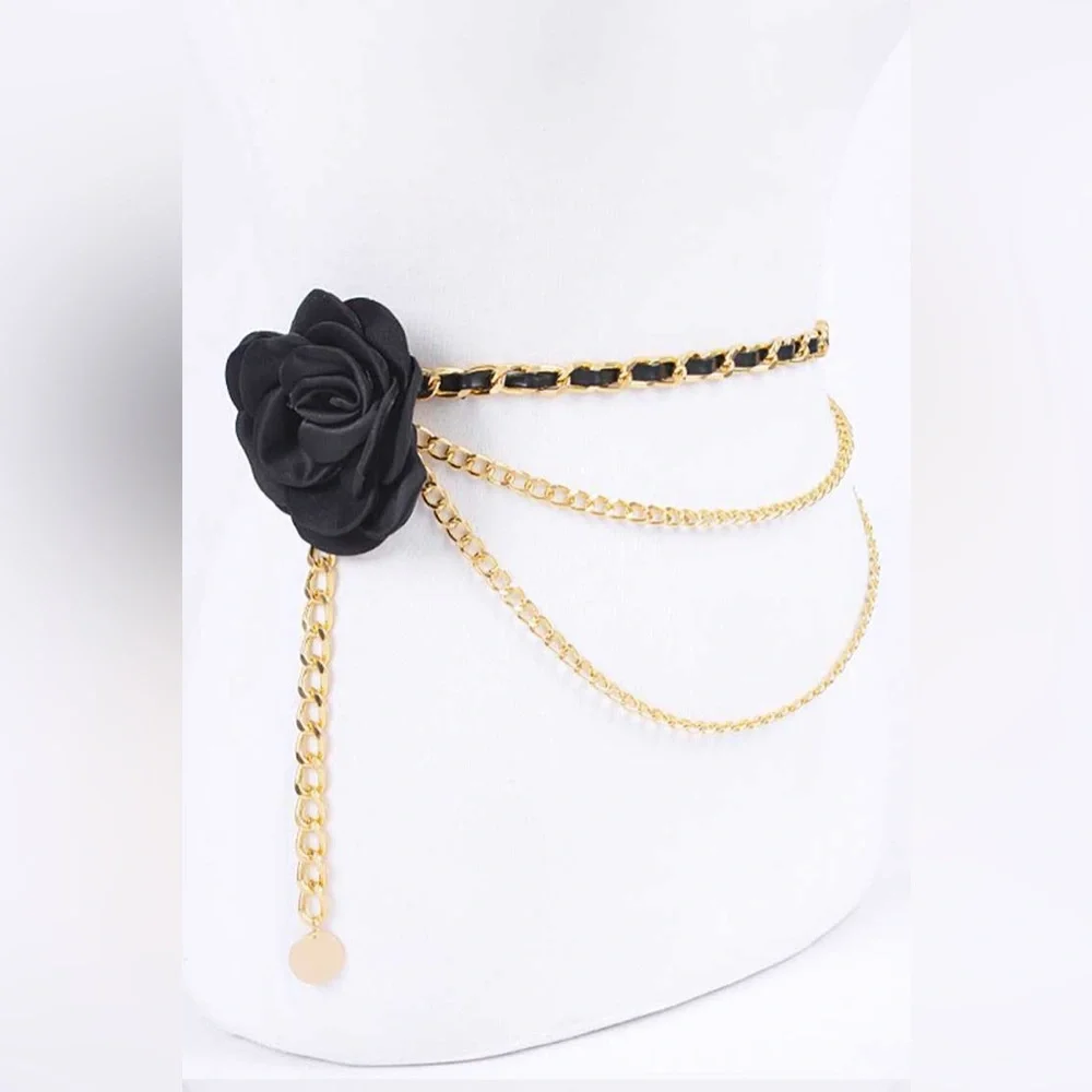 Satin 3-D Flower & Gold Iron Chain Statement Belt - Picture 4 of 7